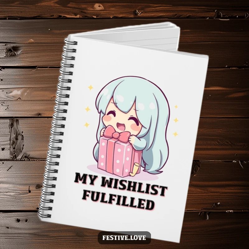 Funny notebook with a character unwrapping a sparkling gift, great for jotting down gift ideas and plans.