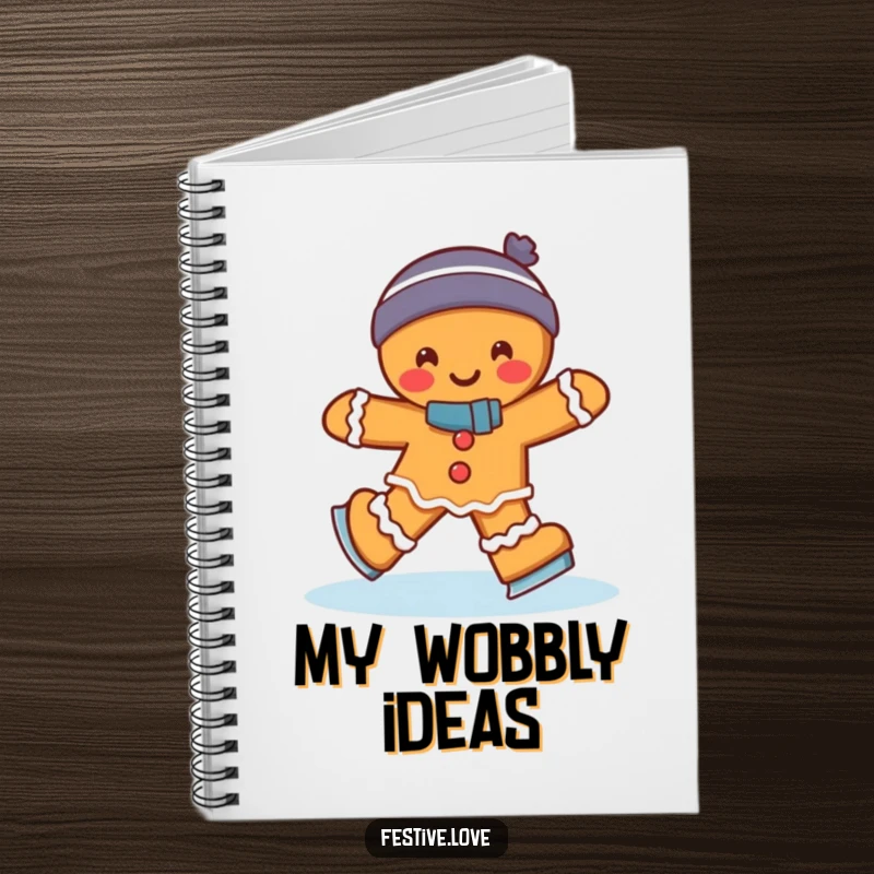 Funny gingerbread man ice skating with a cheerful wobble, shown on a notebook cover, a humorous and practical stationery gift.
