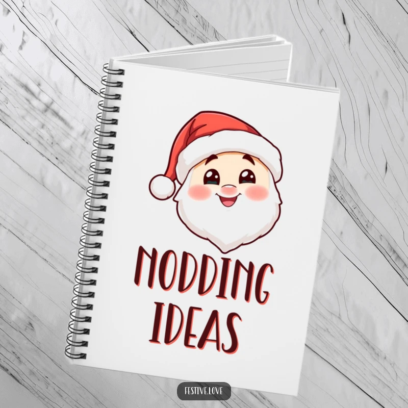Funny Santa hat character notebook nodding cheerfully, ideal for jotting down jolly holiday thoughts and festive plans.