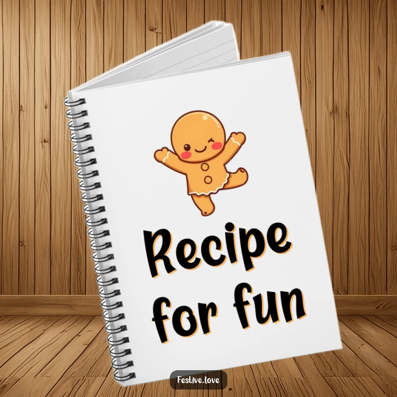 Funny gingerbread dance notebook featuring a cute cartoon gingerbread character in a happy dance, perfect for jotting down sweet ideas.