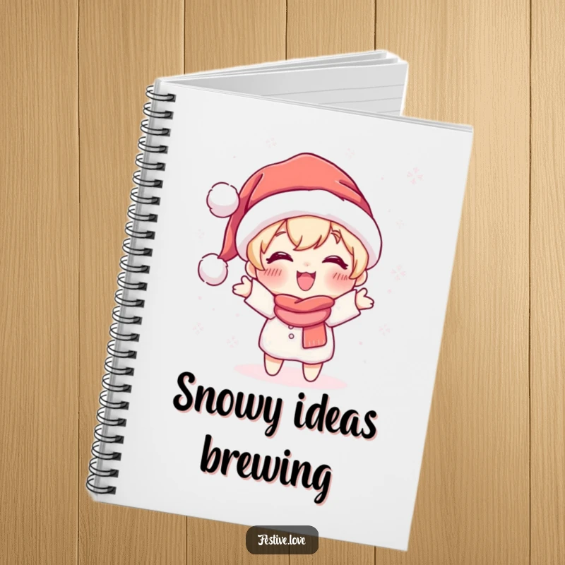 Funny notebook showcasing a cute character in a Santa hat joyfully throwing sparkling snowflakes, perfect for writing and sketching.