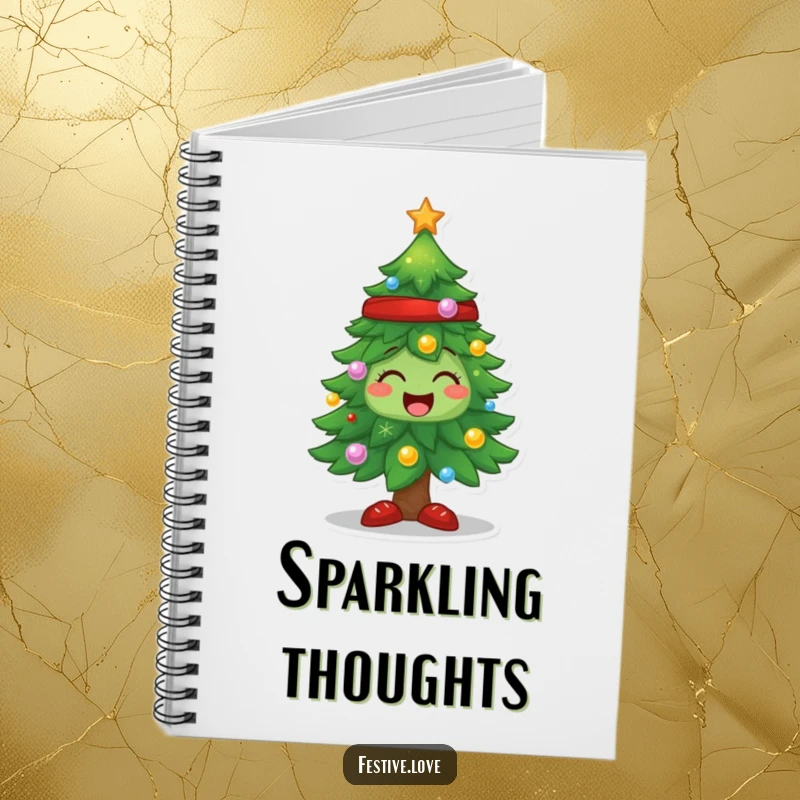 Funny Christmas tree notebook, a character sparkling with joy, perfect for jotting down holiday inspirations.