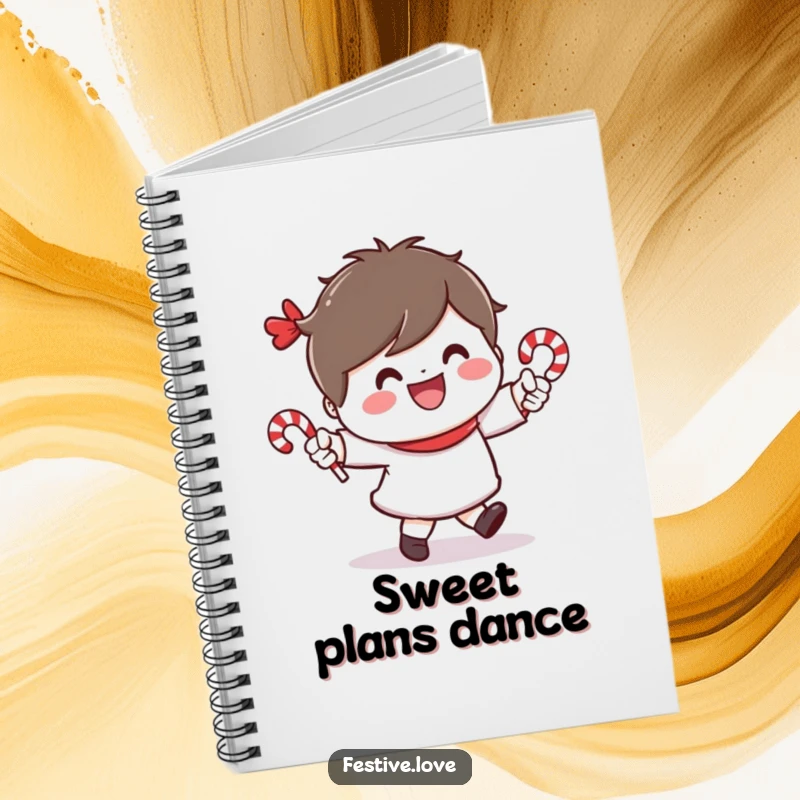 Funny notebook with a cheerful character dancing with tiny candy canes and a wide smile, perfect for writing.
