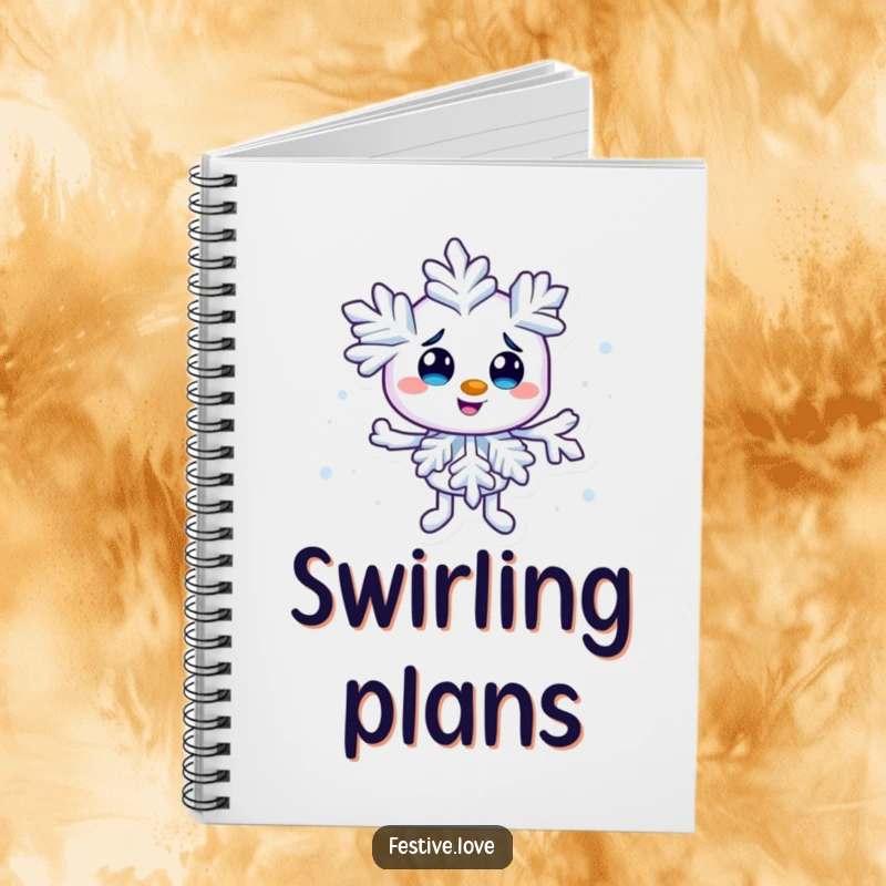 Funny snowflake character notebook creating a tiny swirl, ideal for jotting down wintery ideas and playful notes.