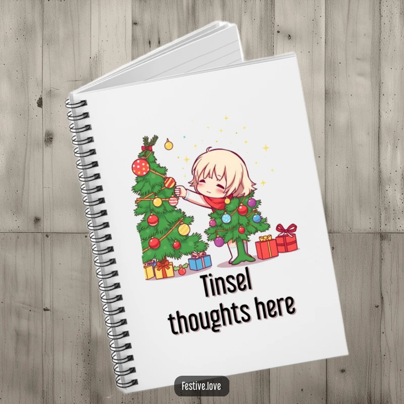 Funny character decorating a Christmas tree, tossing sparkly ornaments, on a notebook, a humorous and practical stationery gift.
