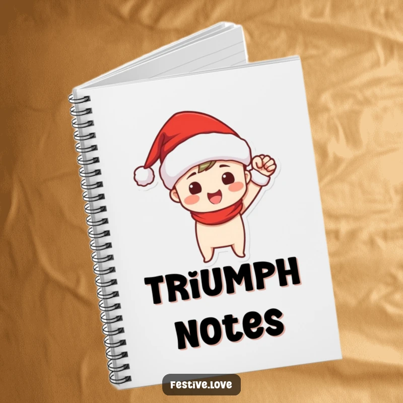 Funny notebook featuring a Santa hat-wearing character doing a triumphant fist pump, perfect for jotting down winning plans and notes.