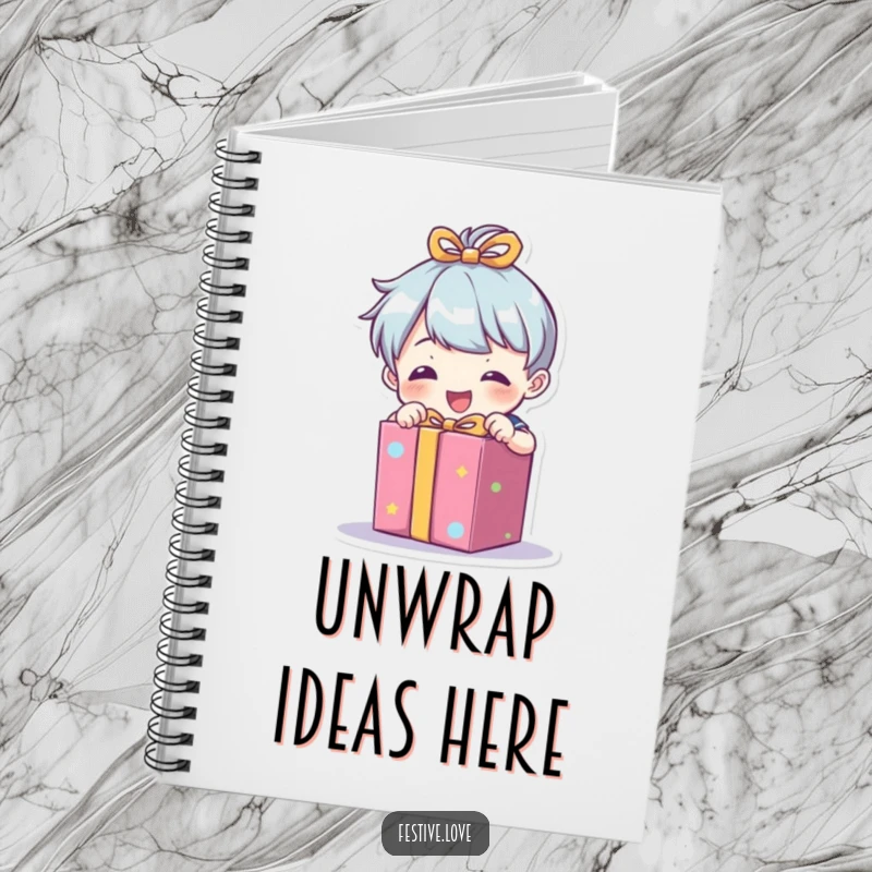 Funny notebook with a little character enthusiastically unwrapping a brightly colored present, perfect for writing and planning.