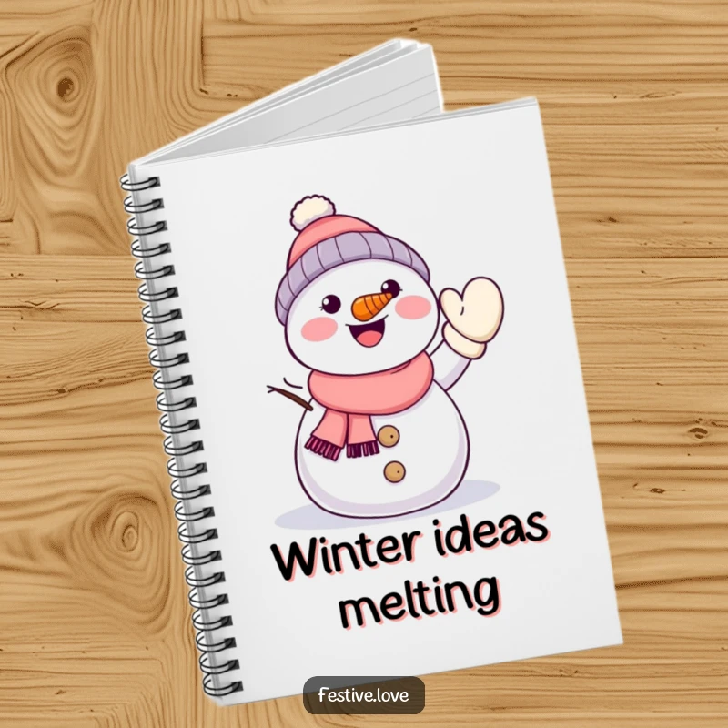 Funny kawaii snowman with a carrot nose, energetically waving a mitten, featured on the cover of a winter-themed notebook.