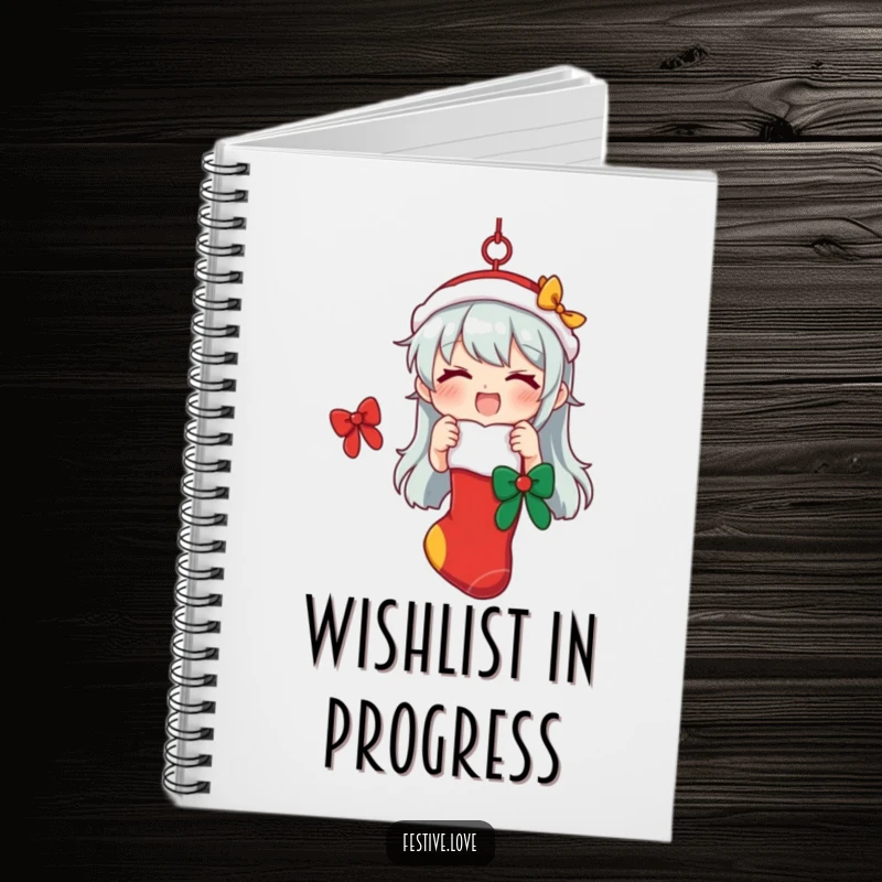 Funny notebook with a character hanging a festive stocking, great for jotting down holiday plans and wishes.