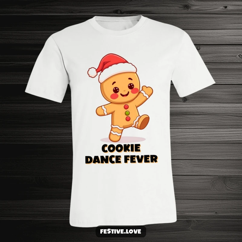 Funny kawaii gingerbread man in a Santa hat, doing a jolly dance, featured on a comfortable and festive t-shirt.