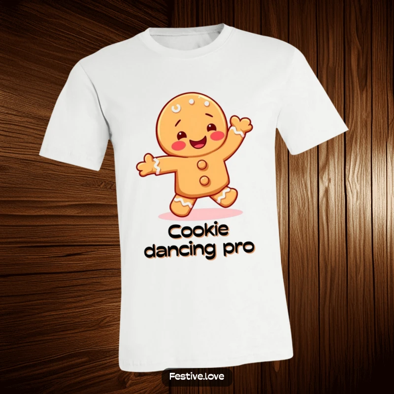 Funny t-shirt graphic of a smiling gingerbread cookie character energetically doing a happy jig, full of holiday cheer.