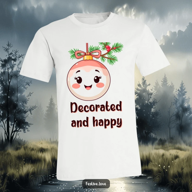 Funny t-shirt showcasing a smiling ornament character with a happy expression, adorning a colorful holiday garland.