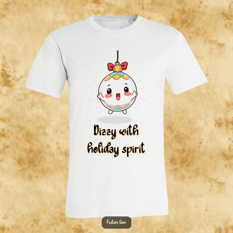 Funny t-shirt depicting a surprised Christmas ornament character spinning rapidly, symbolizing the exhilarating pace of holiday festivities.