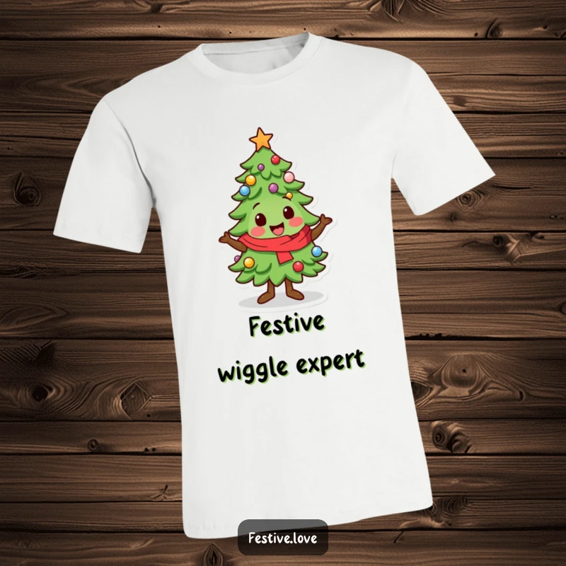 Funny T-Shirt: A kawaii Christmas tree character is shown doing a lively, festive wiggle, perfect for holiday celebrations.