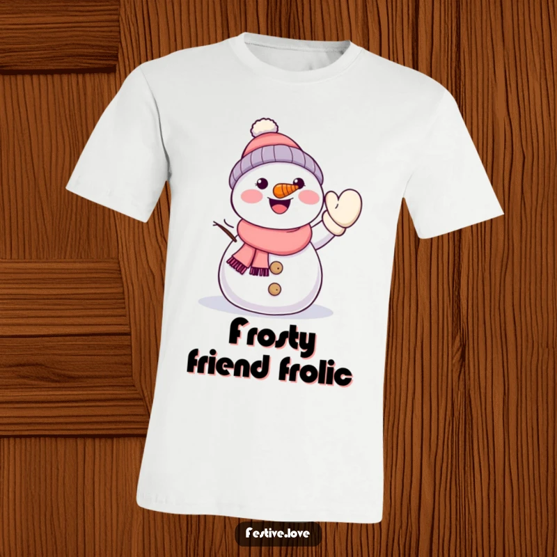 Funny kawaii snowman with a carrot nose, waving a mitten energetically, featured on a comfortable and fun t-shirt.