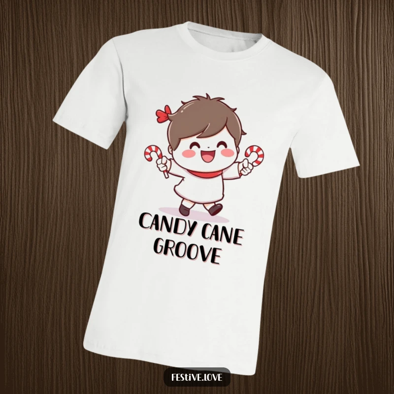 Funny t-shirt featuring a cheerful character dancing with tiny candy canes and a wide smile, celebrating holiday joy.