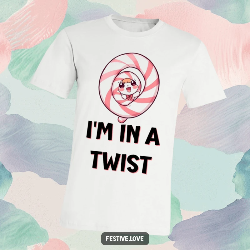 Funny T-Shirt: A vibrant candy cane character spiraling with absolute delight, perfect for festive celebrations.