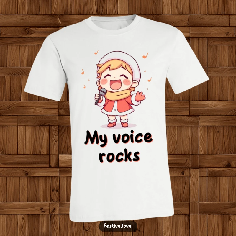 Funny t-shirt with a happy carol singer character joyfully belting out a tune with a wide, infectious smile, embodying holiday spirit.