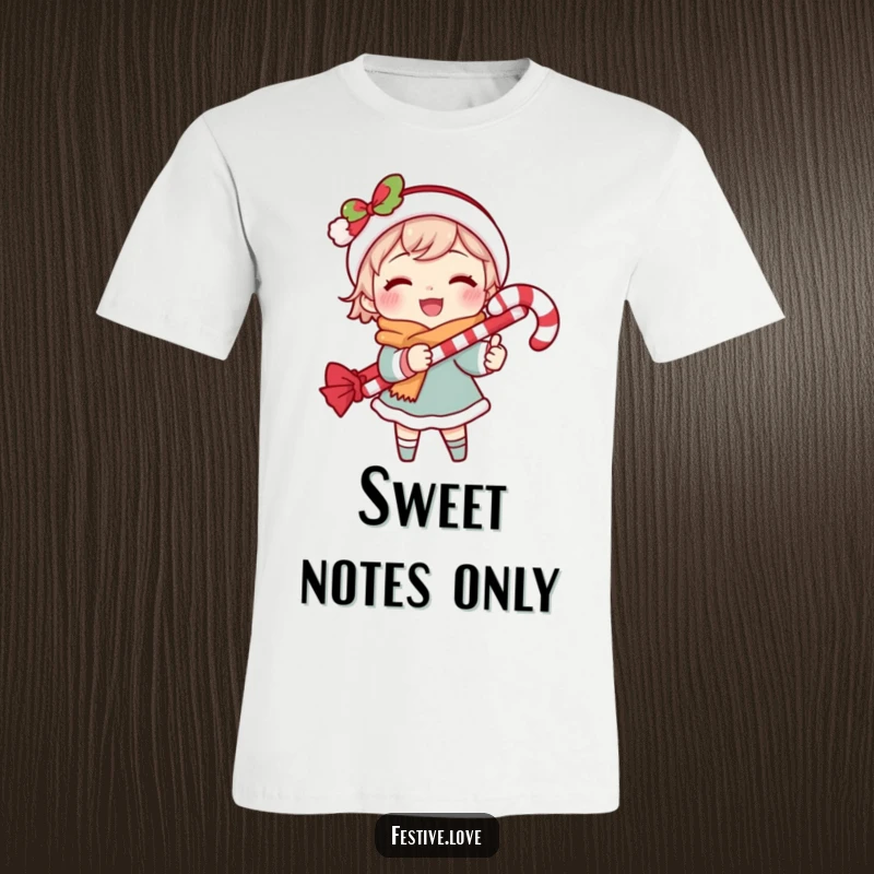 Funny t-shirt with a happy character belting out carols, clutching a candy cane, embodying pure holiday musical joy.