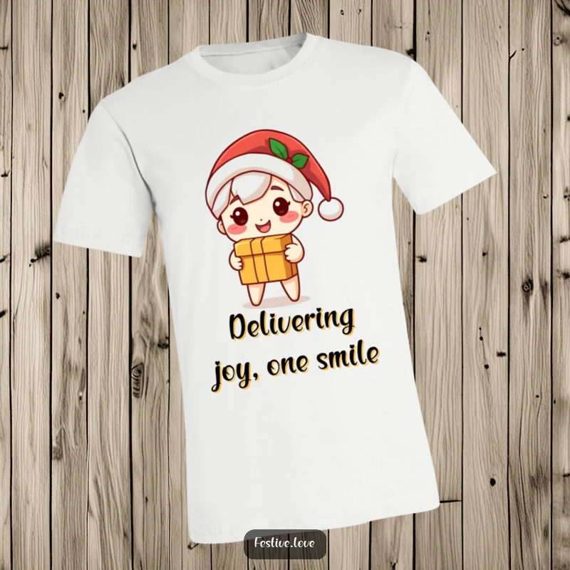 Funny Christmas t-shirt with a cute character in a Santa hat, joyfully delivering a gift box, perfect holiday apparel.