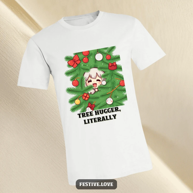 Funny t-shirt showing a character peeking from behind a Christmas tree, representing holiday mischief and fun, a great gift.