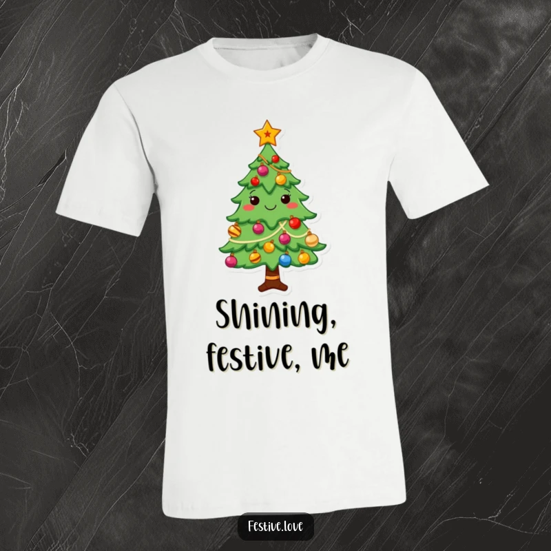 Funny Christmas tree t-shirt with a cheerful character decorated with shining ornaments and a star, great festive apparel.