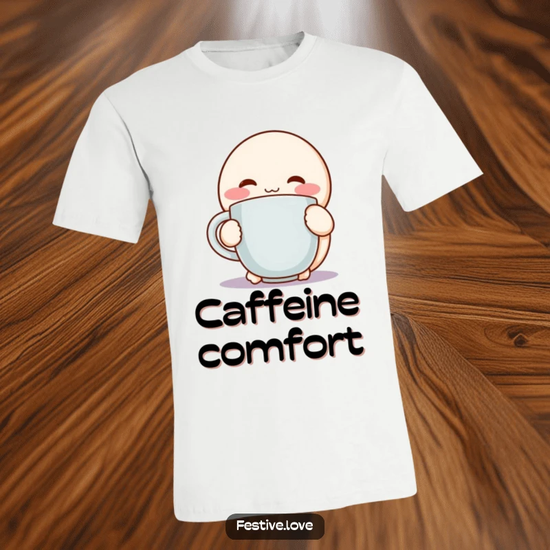 Funny t-shirt depicting a round, rosy-cheeked character joyfully hugging a steaming mug, celebrating cozy beverage enjoyment.