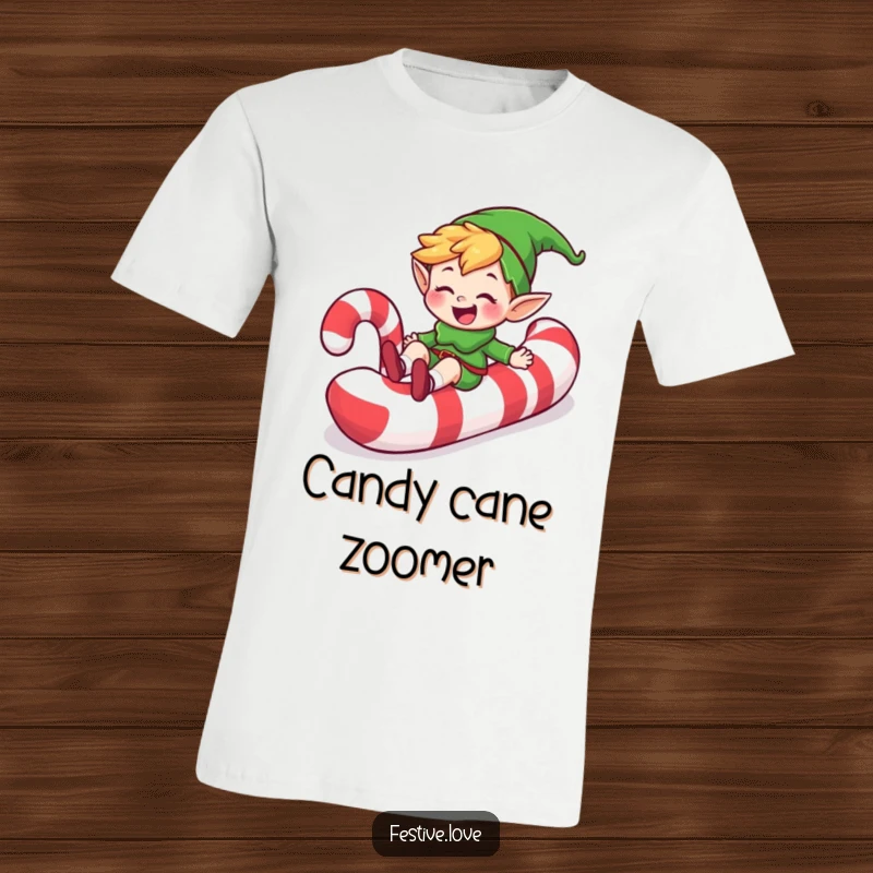 Funny happy elf character sliding down a giant candy cane with a big grin, printed on a t-shirt, a humorous holiday apparel gift.