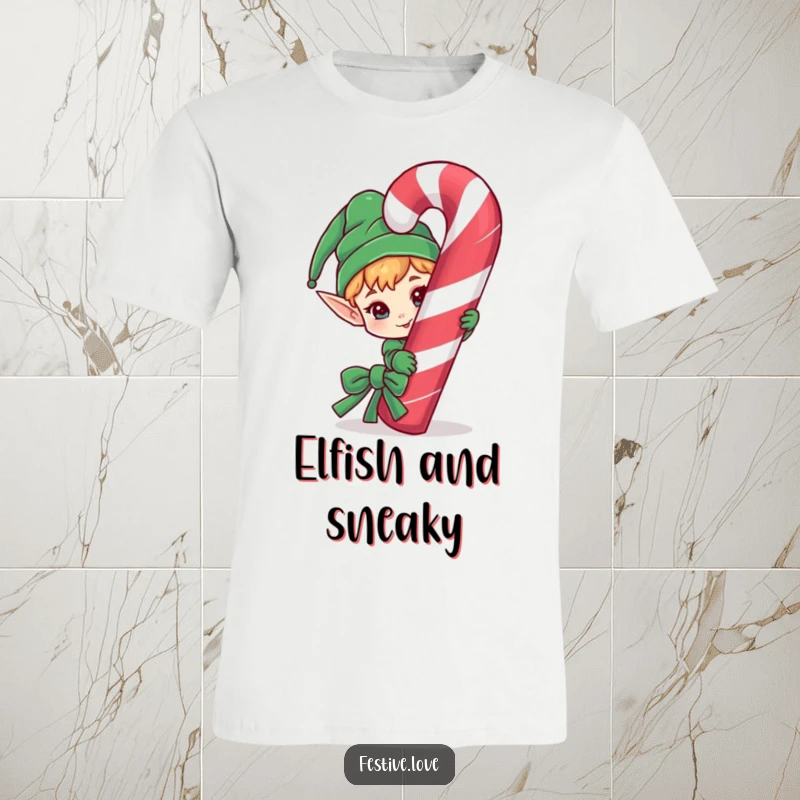 Funny t-shirt graphic of a sneaky elf character peeking with wide eyes from behind an oversized candy cane.