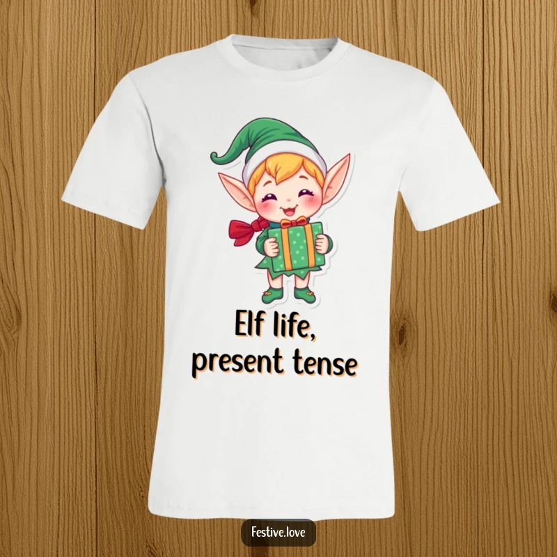 Funny t-shirt with a joyful elf character presenting a brightly wrapped gift, embodying the excitement and spirit of Christmas.