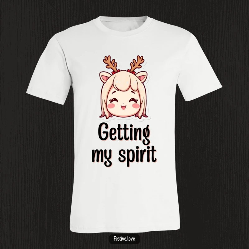 Funny t-shirt featuring a smiling character wearing a small reindeer antler headband, eyes wide with excitement, embodying holiday joy and anticipation.