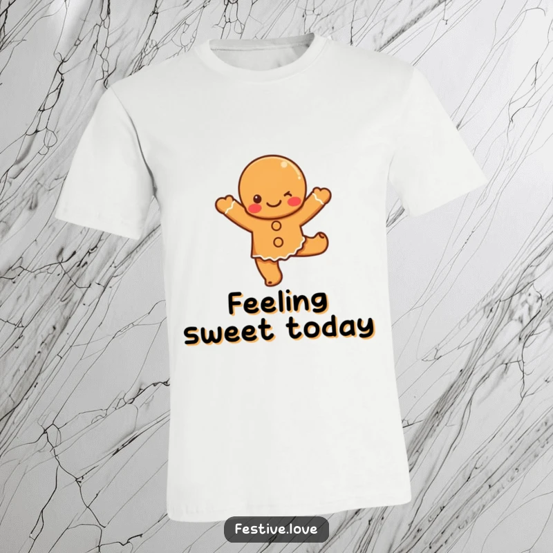 Funny gingerbread dance t-shirt showcasing a cute cartoon gingerbread character in a lively, happy dance pose, full of holiday spirit.