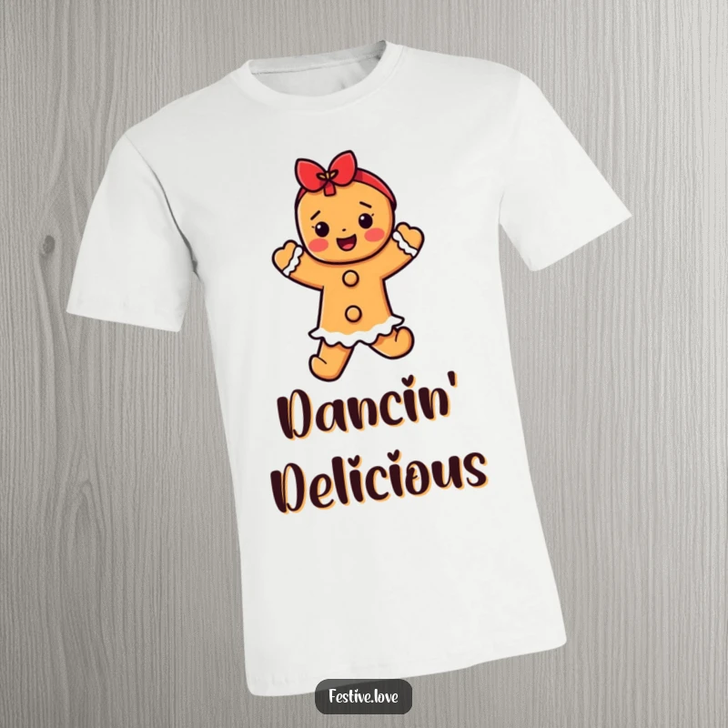 Funny gingerbread dancer t-shirt, a character in a festive pose, celebrating the holiday season with joyful movement.