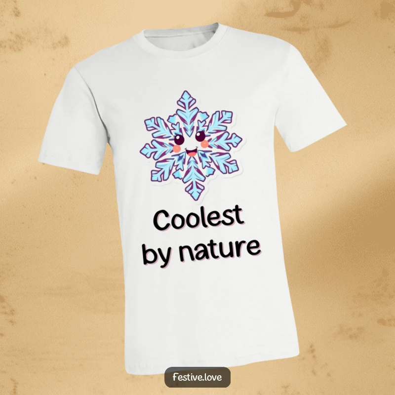 Funny t-shirt showcasing a delighted snowflake character with complex designs, joyfully twirling in the winter air.