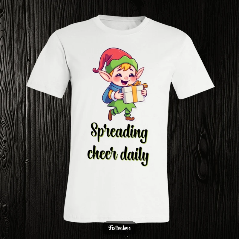 Funny jolly elf t-shirt showcasing a happy cartoon elf character delivering a gift with a mischievous grin, perfect for holiday fun.