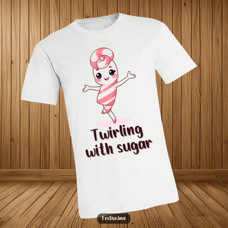 Funny kawaii candy cane t-shirt, playful pirouette, joyful holiday character, celebration apparel.