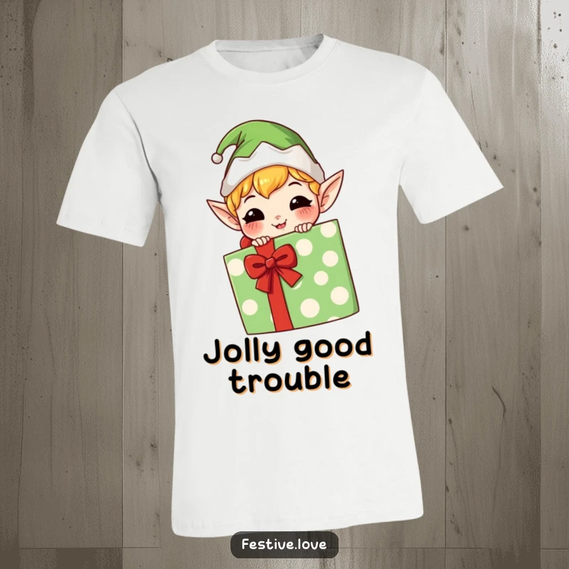 Funny kawaii elf t-shirt, mischievous grin, hiding behind a gift, playful and cute design for humor lovers.