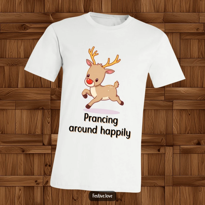 Funny kawaii reindeer with twinkling antlers, prancing gleefully, featured on a comfortable and festive t-shirt.