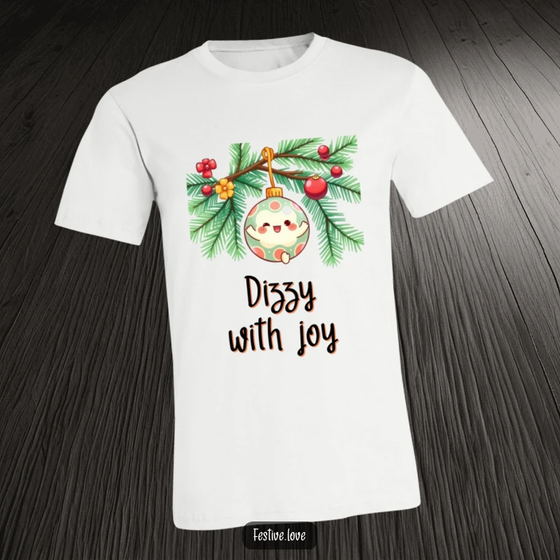 Funny t-shirt featuring a festive ornament character in a gleeful spin on a decorated tree branch, radiating holiday happiness.