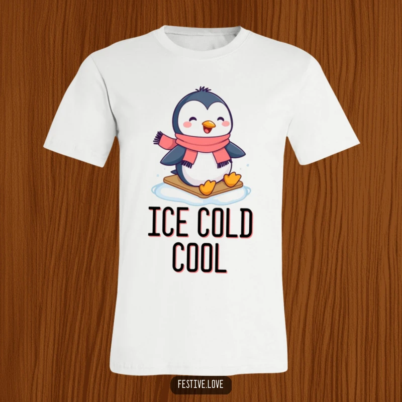 Funny t-shirt featuring a happy penguin sporting a scarf, effortlessly gliding with glee on a slick ice rink.