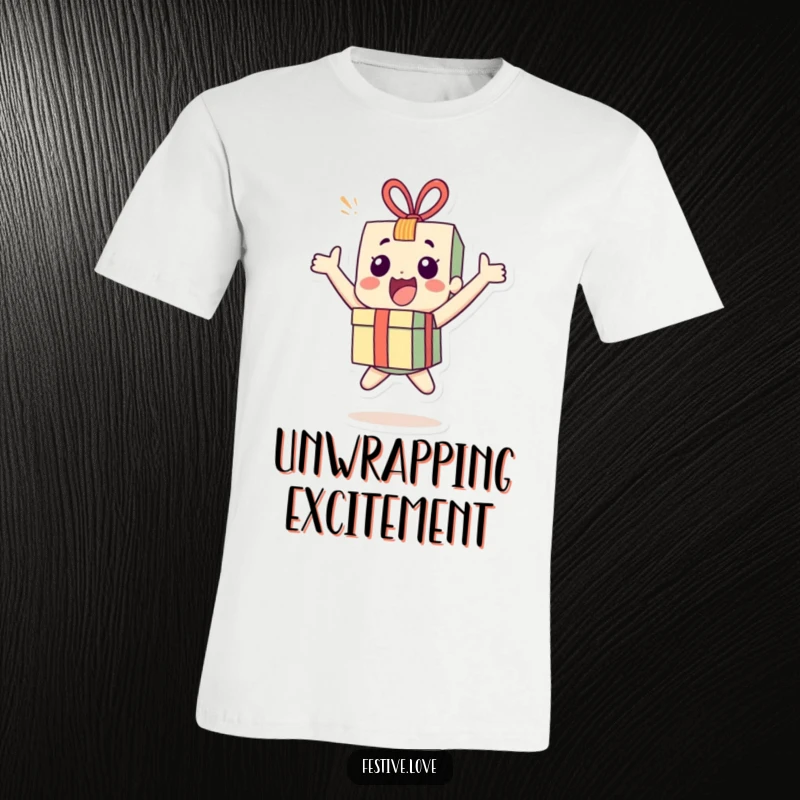 Funny little present character t-shirt bouncing with energetic joy, perfect for parties and expressing pure excitement. Celebrate life!