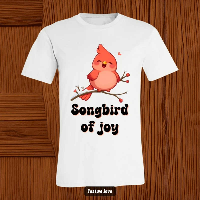 Funny t-shirt featuring a plump, red cardinal character joyfully singing while perched elegantly on a snowy branch.