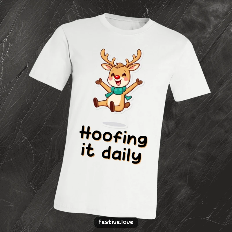 Funny t-shirt showcasing a vibrant, cheerful reindeer energetically leaping with boundless joy and holiday excitement.