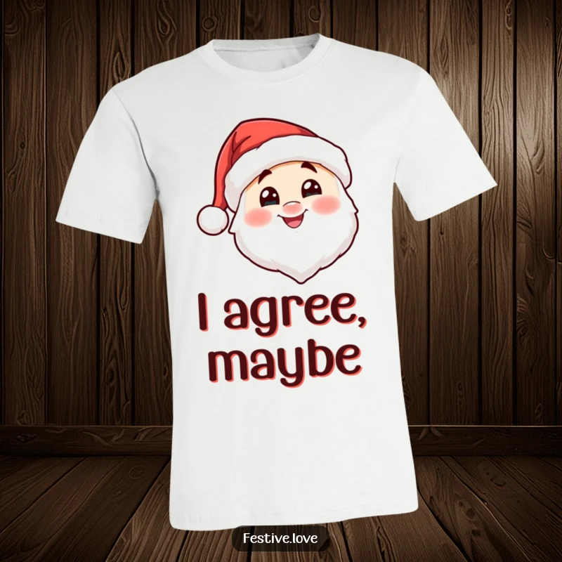 Funny Santa hat character t-shirt nodding cheerfully, radiating festive excitement and infectious holiday cheer. Perfect for the season.
