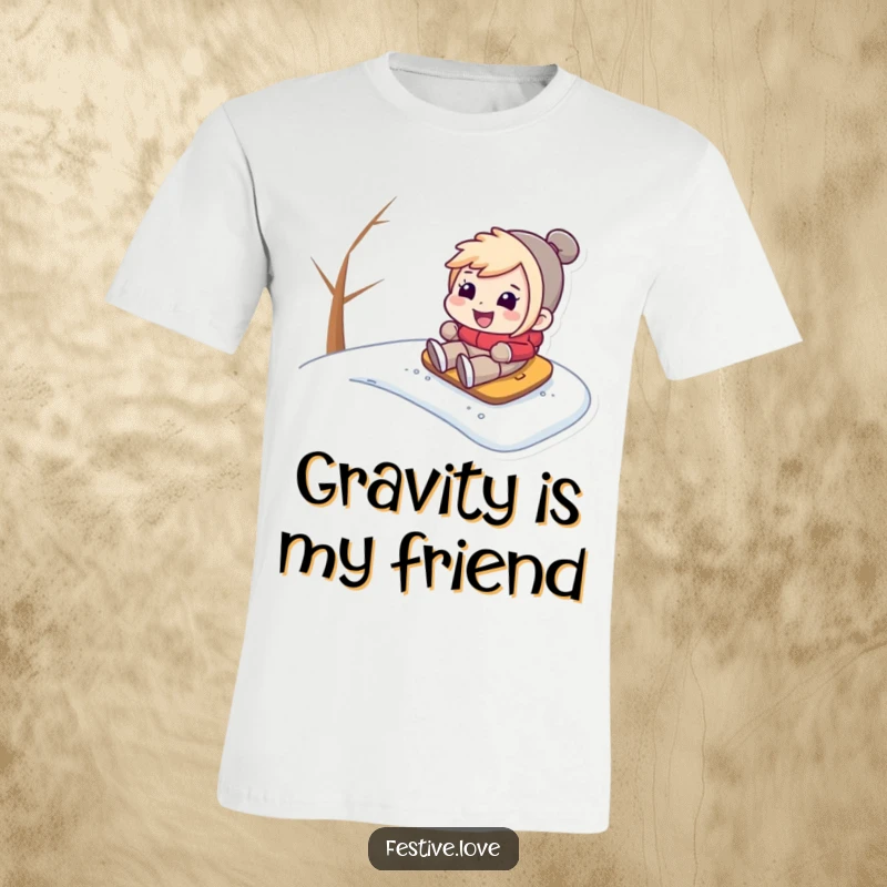 Funny t-shirt depicting a smiling character sledding at high speed down a snowy mountain, embodying winter exhilaration and joy.