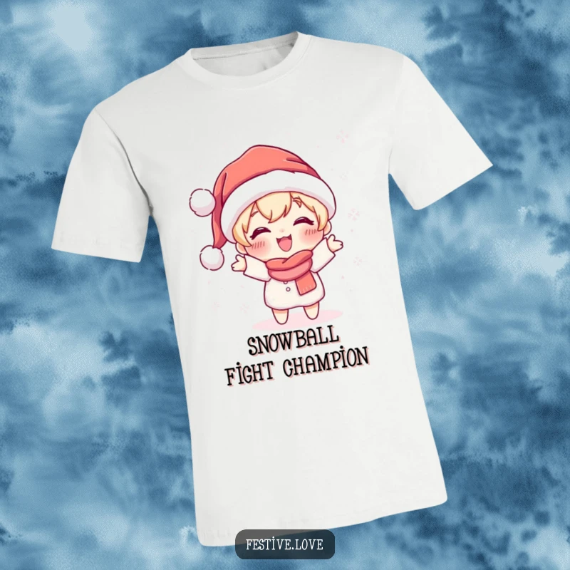 Funny t-shirt featuring a cute character in a Santa hat gleefully tossing sparkling snowflakes, ideal for holiday wear.