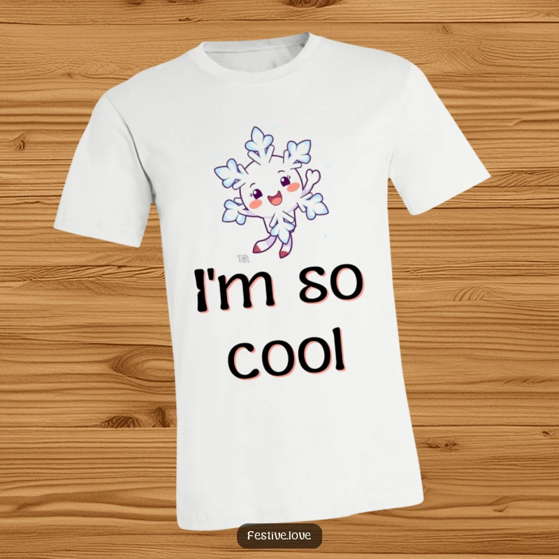 Funny t-shirt showing a happy snowflake character twirling joyfully in the air, spreading frosty fun.