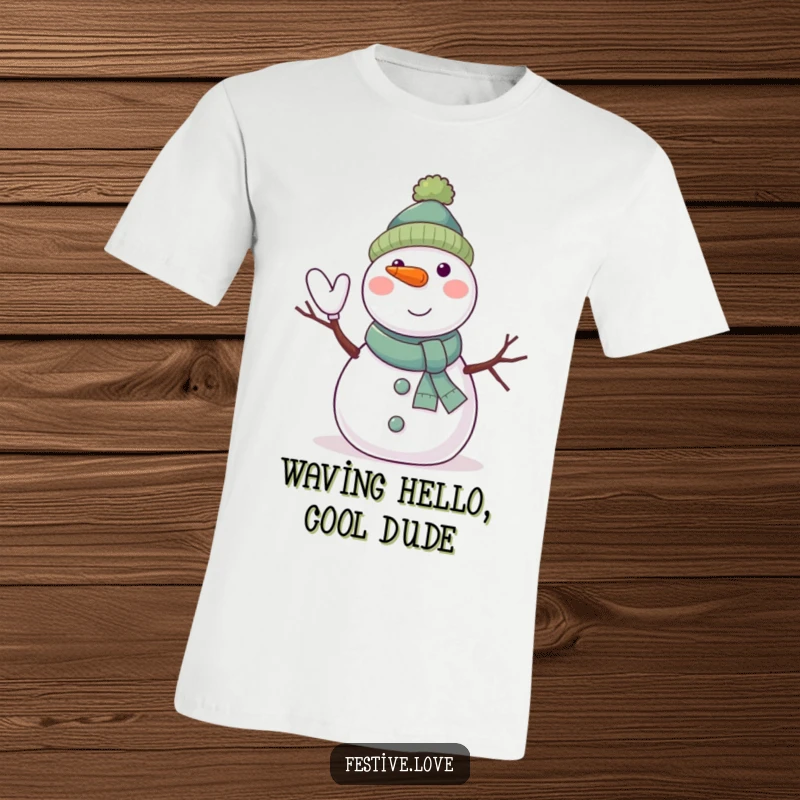 Funny snowman t-shirt with a jolly character waving merrily with twig arms and a carrot nose, great winter apparel.