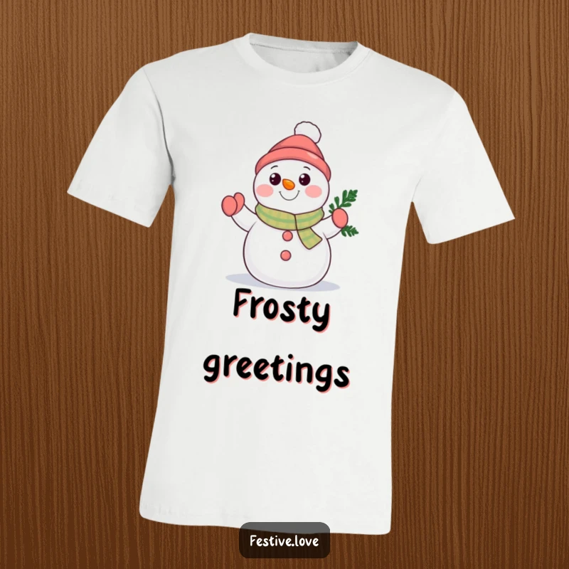 Funny snowman character t-shirt waving a tiny evergreen branch, perfect for spreading winter cheer and expressing happiness. Embrace the cold!
