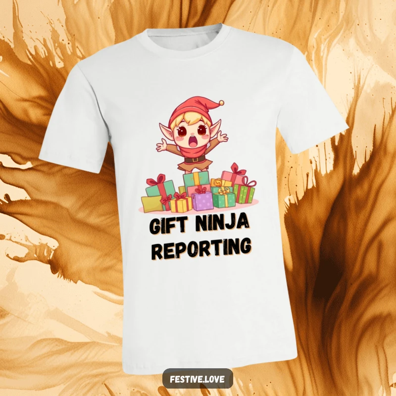 Funny t-shirt showcasing a shocked elf character mid-leap, bursting with excitement from behind a giant pile of wrapped gifts.